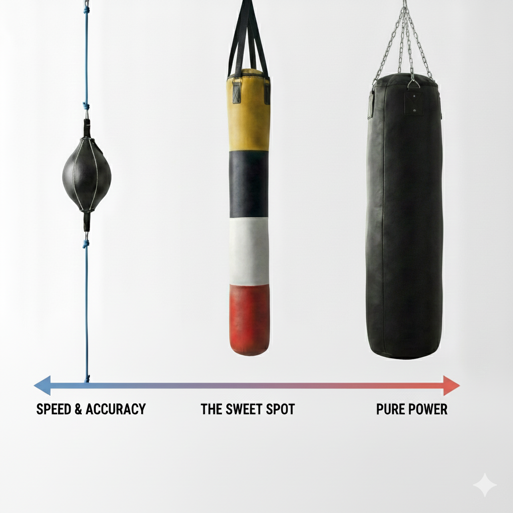 Comparison of a double-end bag, python bag, and heavy bag