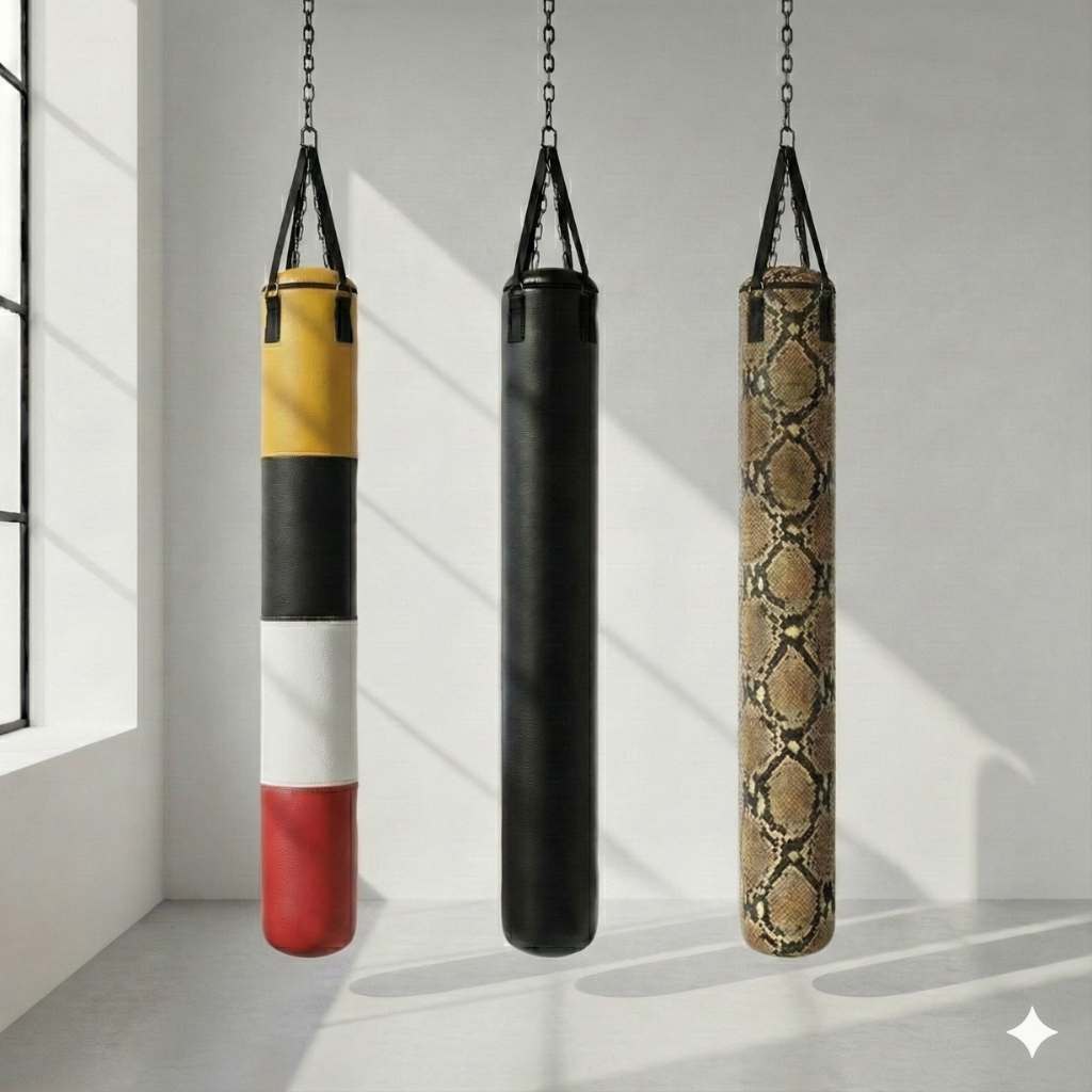 Three python precision compact mma heavy bags hanging in a studio